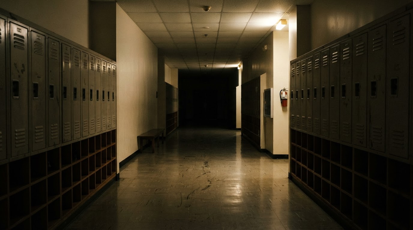 夜の無人の学校の廊下、低い灯りの中にロッカーと下駄箱が並び、囁かれた噂の余韻がただよう(AI生成画像)