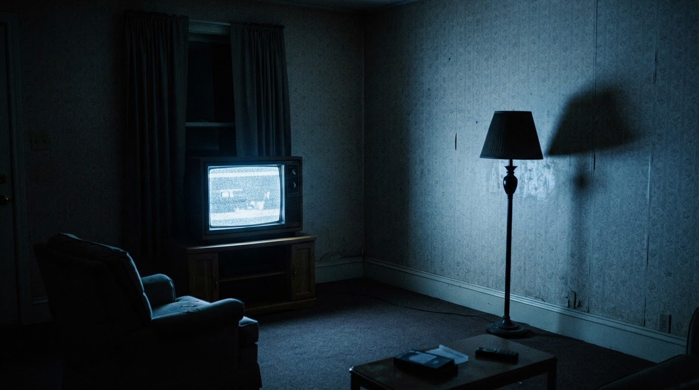 闇の中、古いブラウン管テレビの青灰色の光が無人の一九九〇年代の居間を照らし、人物はいない(AI生成画像)