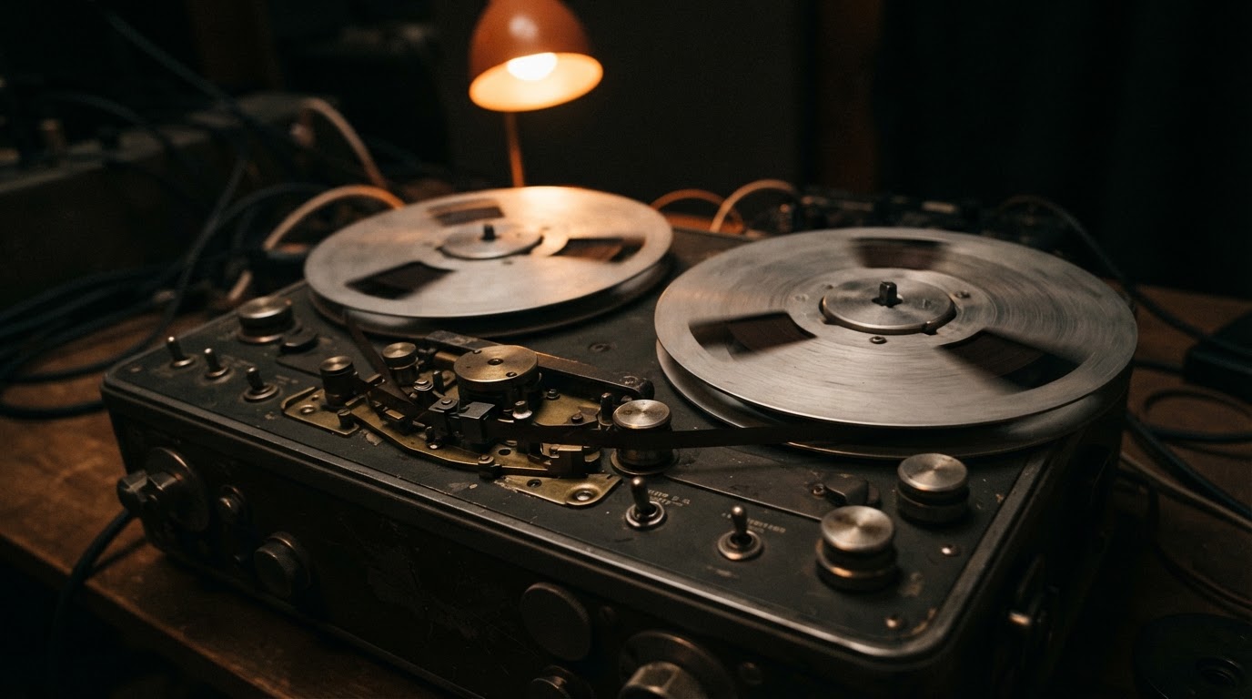 A close-up of the spinning reels of an old open-reel tape recorder, an unlabeled metal case, a mood that evokes a black box (AI-generated image)