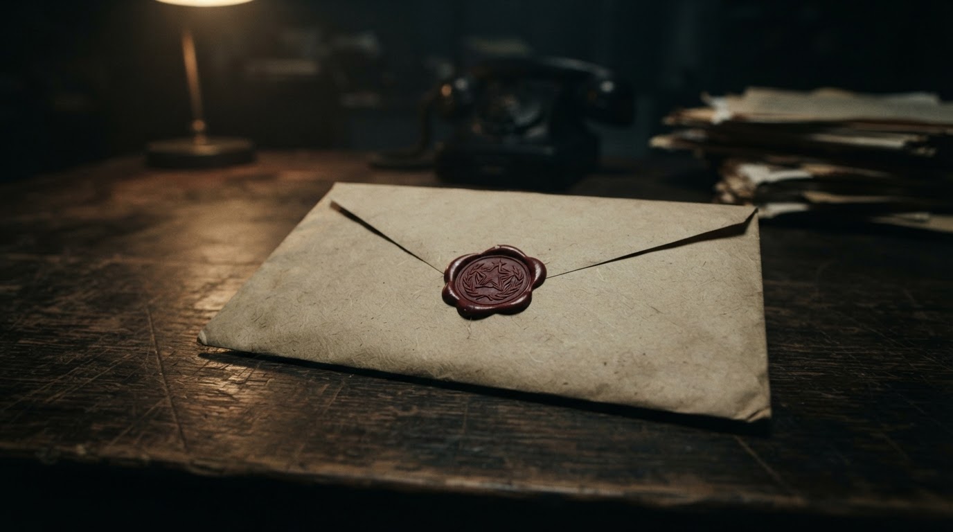 A confidential-document envelope with a red wax seal pressed on it, no text, on a dark desk (AI-generated image)