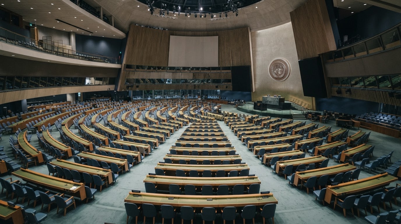 A wide hall of empty seats reminiscent of a United Nations chamber, seen from a distance, calm lighting, no people (AI-generated image)