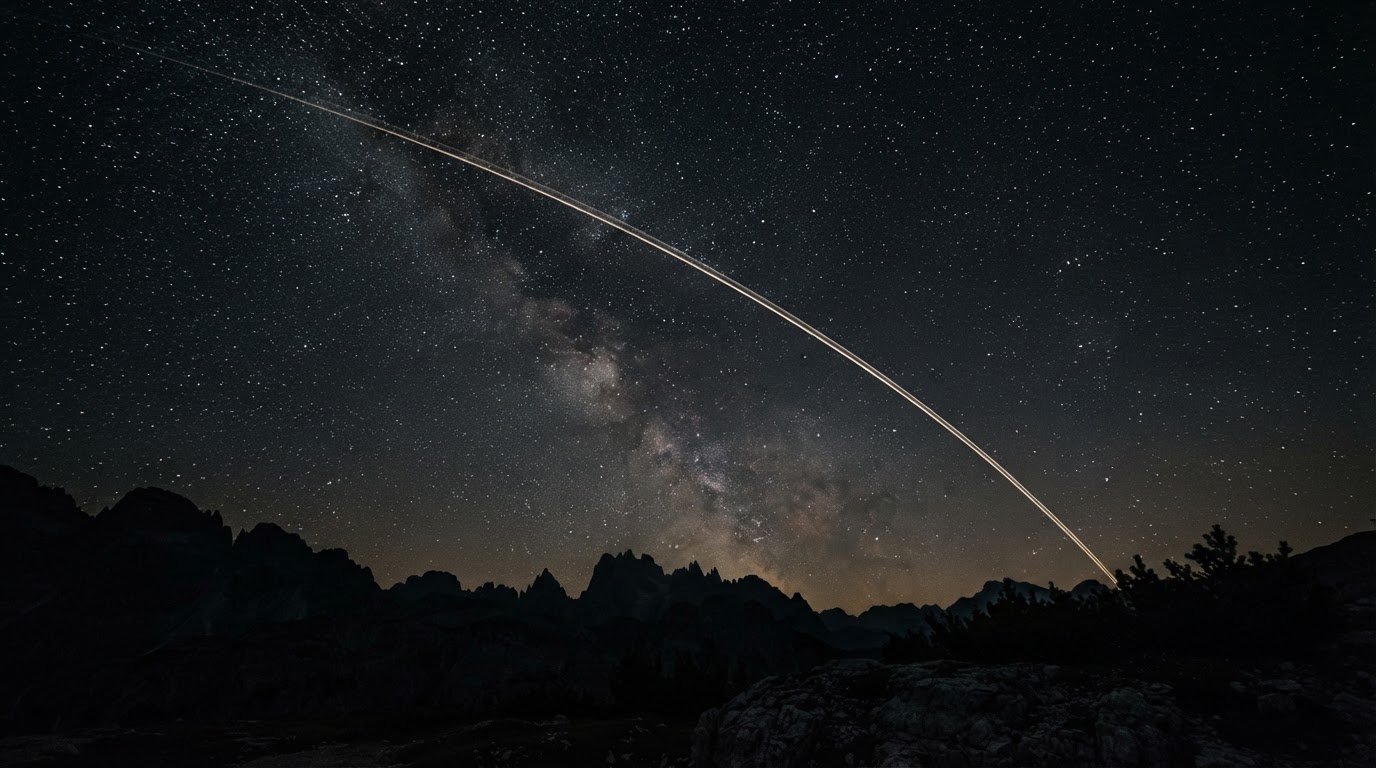 Stars in the night sky and a single long ribbon of light stretching out like a flight path, quiet and far away (AI-generated image)