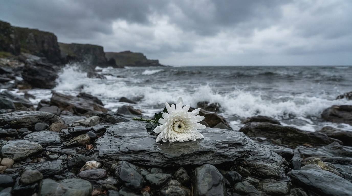 A single chrysanthemum laid before the gray waves of a Sakhalin coast, a low sky, still (AI-generated image)