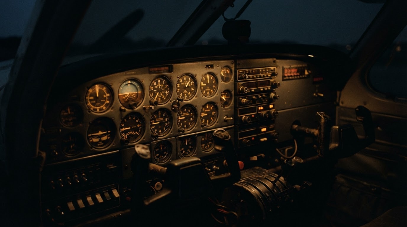 The faint glow of a darkened cockpit instrument panel, retro analog gauges and dials, the lettering blurred and unreadable (AI-generated image)