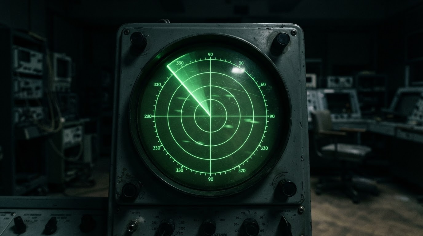 A night air-defense radar scope with a green sweep line rotating in a circle, close-up, no symbols or text (AI-generated image)