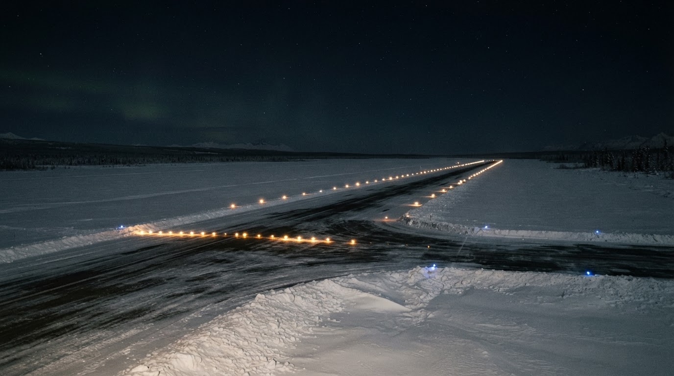 A runway at night on a snow-covered plain reminiscent of Anchorage, low taxiway lights glowing, snowfield and black sky (AI-generated image)