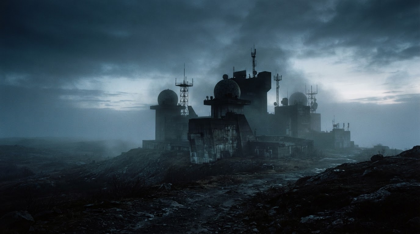 The silhouette of a Cold War concrete radar station, low domes and antennas half-swallowed by fog, no people (AI-generated image)