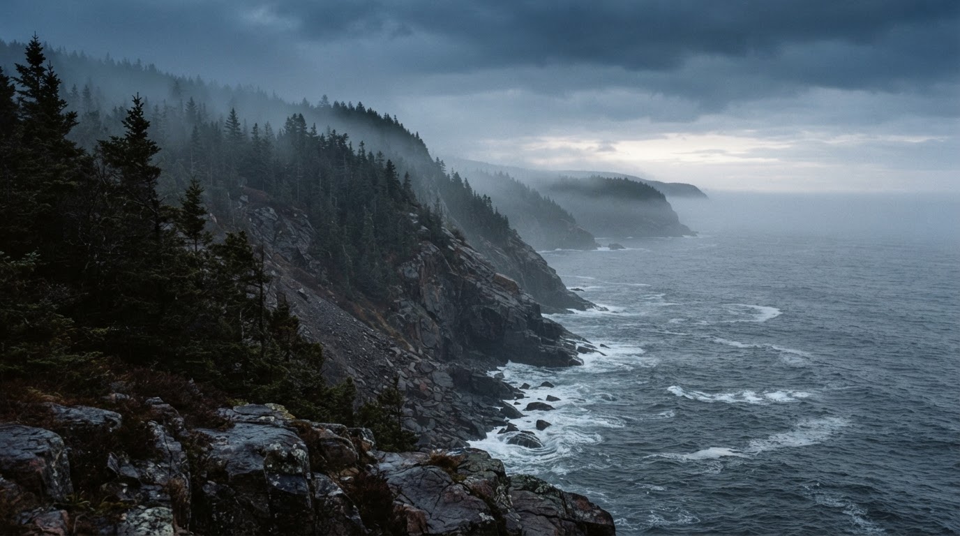 A coastal cliff lined with conifers reminiscent of Sakhalin, looking down on a gray sea in the cold of dawn (AI-generated image)