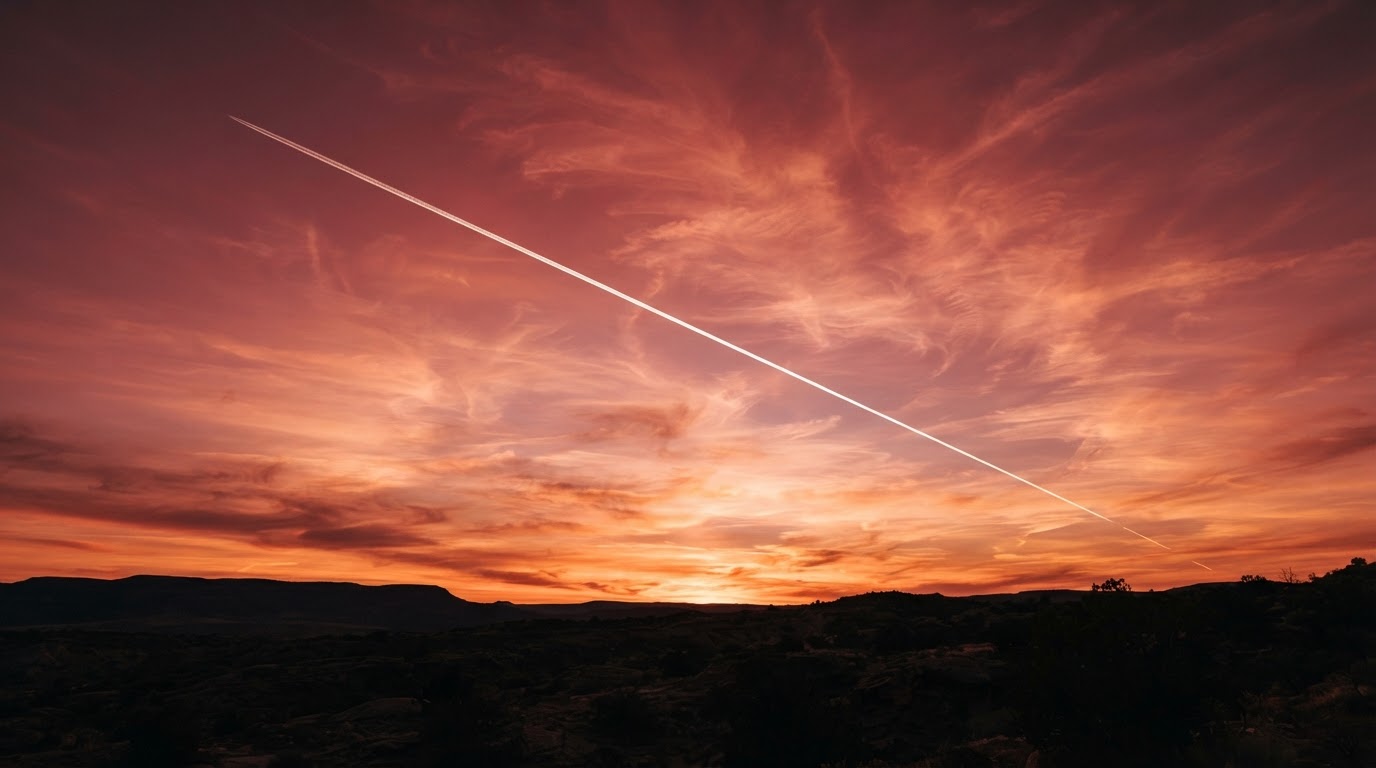 A single white contrail crossing a dawn sky flushed red, the horizon low and quiet (AI-generated image)