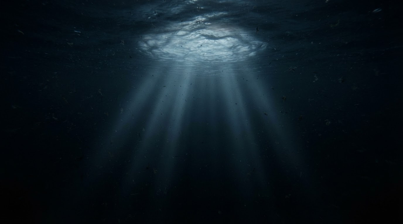 Looking up from beneath the surface of a deep sea, dim light filtering down through the water, nothing there (AI-generated image)