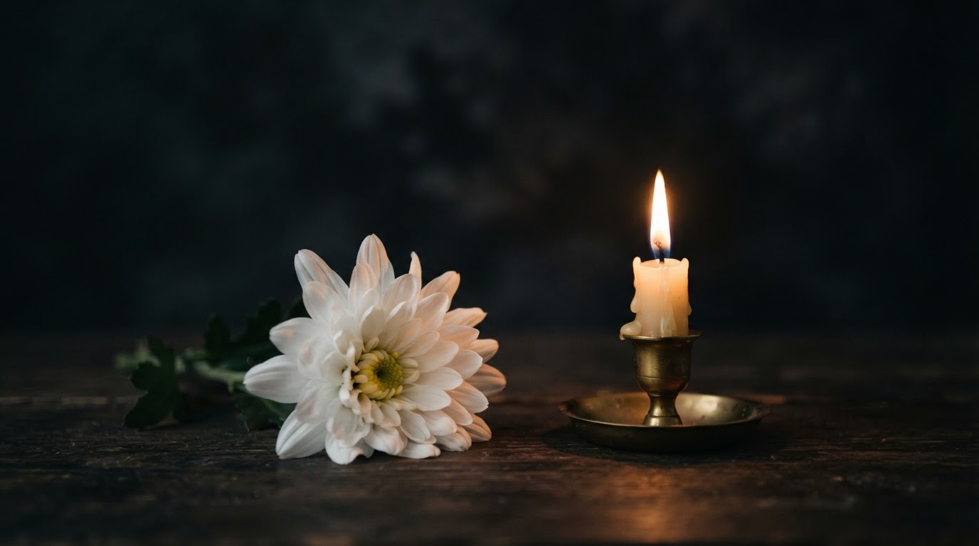 一輪の白菊と一本のろうそくが暗い背景の中に置かれている。静かな追悼の光。(AI生成画像)