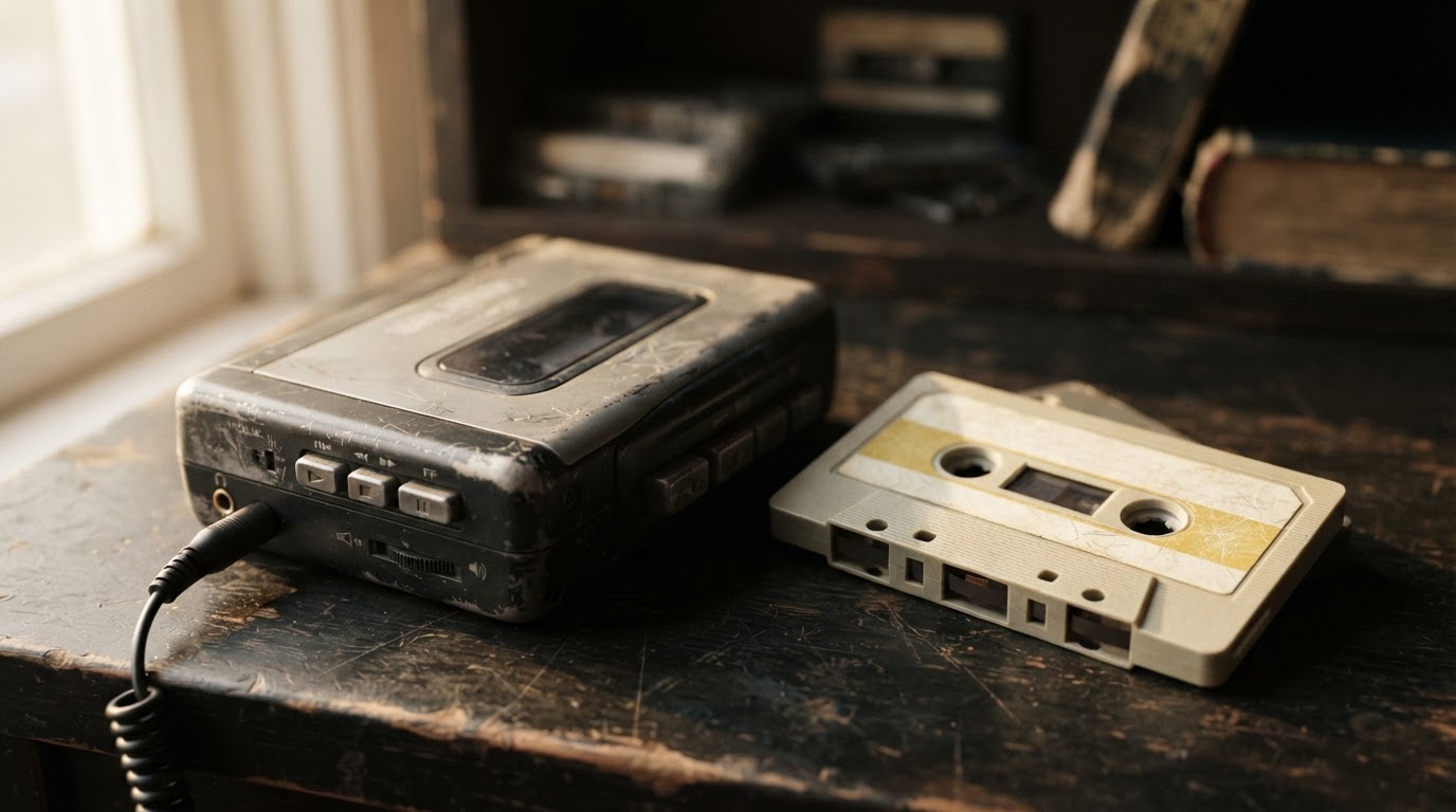 ラベルのない古いカセットテープとウォークマンが静物のように置かれている。90年代の残像。(AI生成画像)