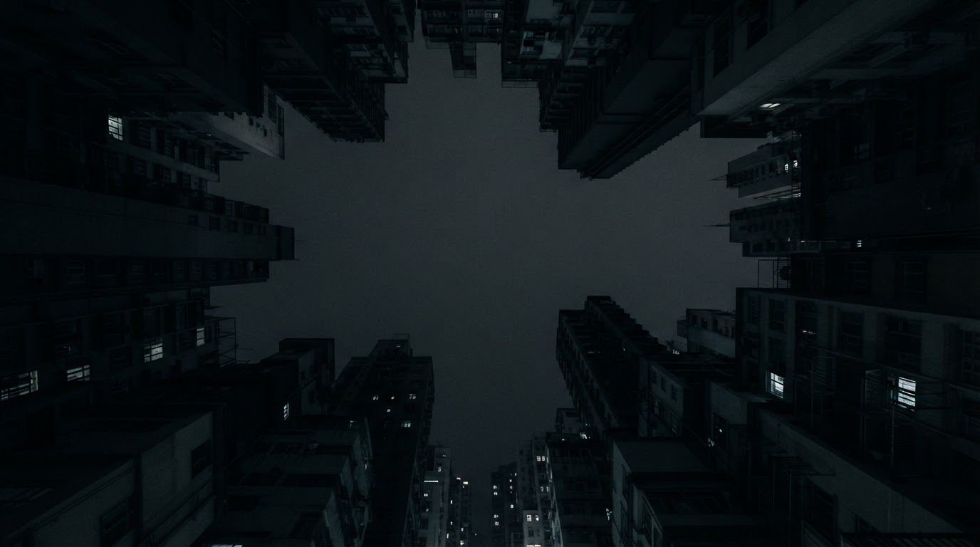 City building silhouettes framing the shot, an empty night sky looked up at between them (AI-generated image)