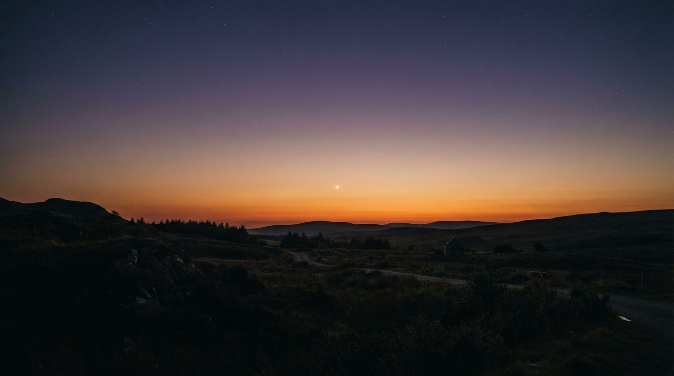 A single bright dot hanging low in a dusk sky, ambiguous whether it is a drone, a balloon, or Venus (AI-generated image)