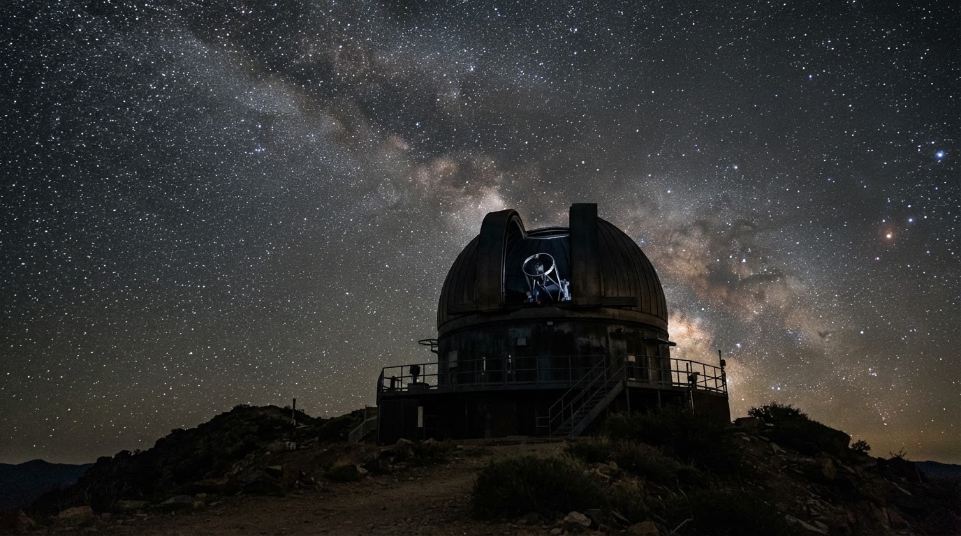 The round dome of an observatory standing in silhouette under starlight, its observation slit open toward the sky (AI-generated image)