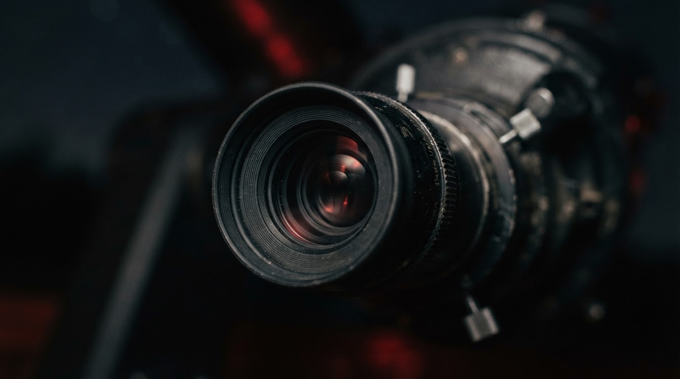 An extreme close-up of a telescope eyepiece, dim light caught in the glass (AI-generated image)