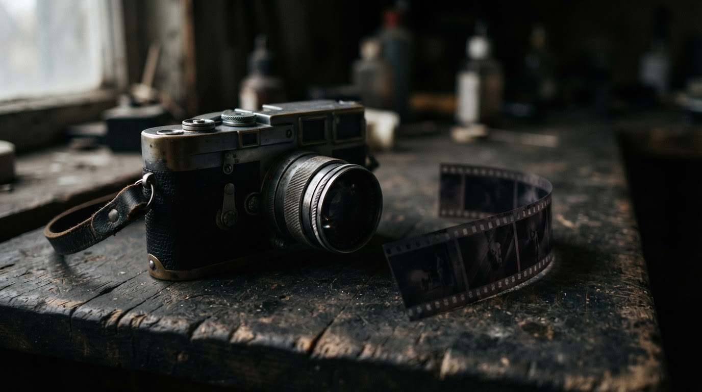 An old film camera beside a single strip of negative film laid on a surface, the images on the film not visible (AI-generated image)