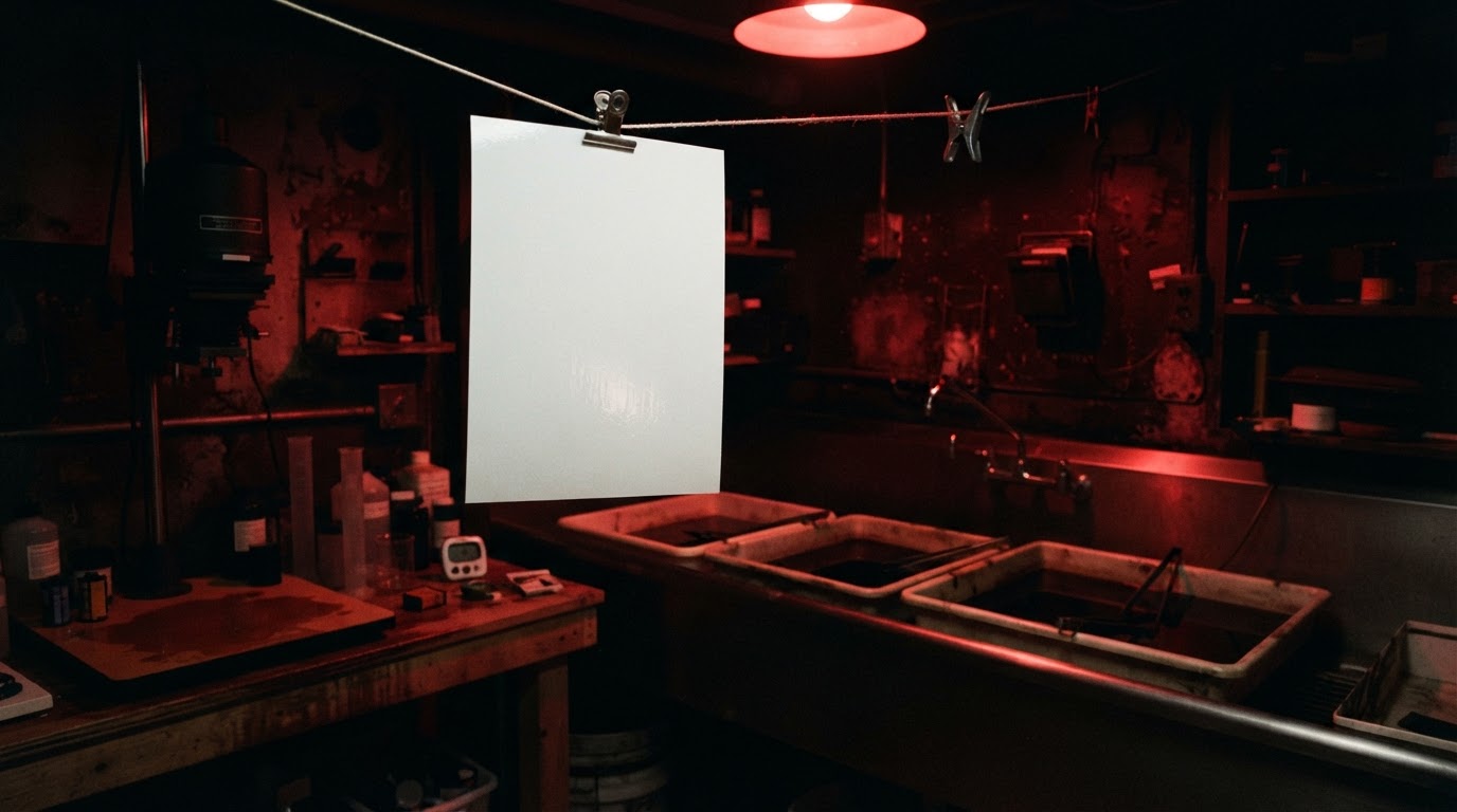 The red glow of a darkroom safelight, a print hanging to dry on a clip, the image not yet risen on the paper (AI-generated image)