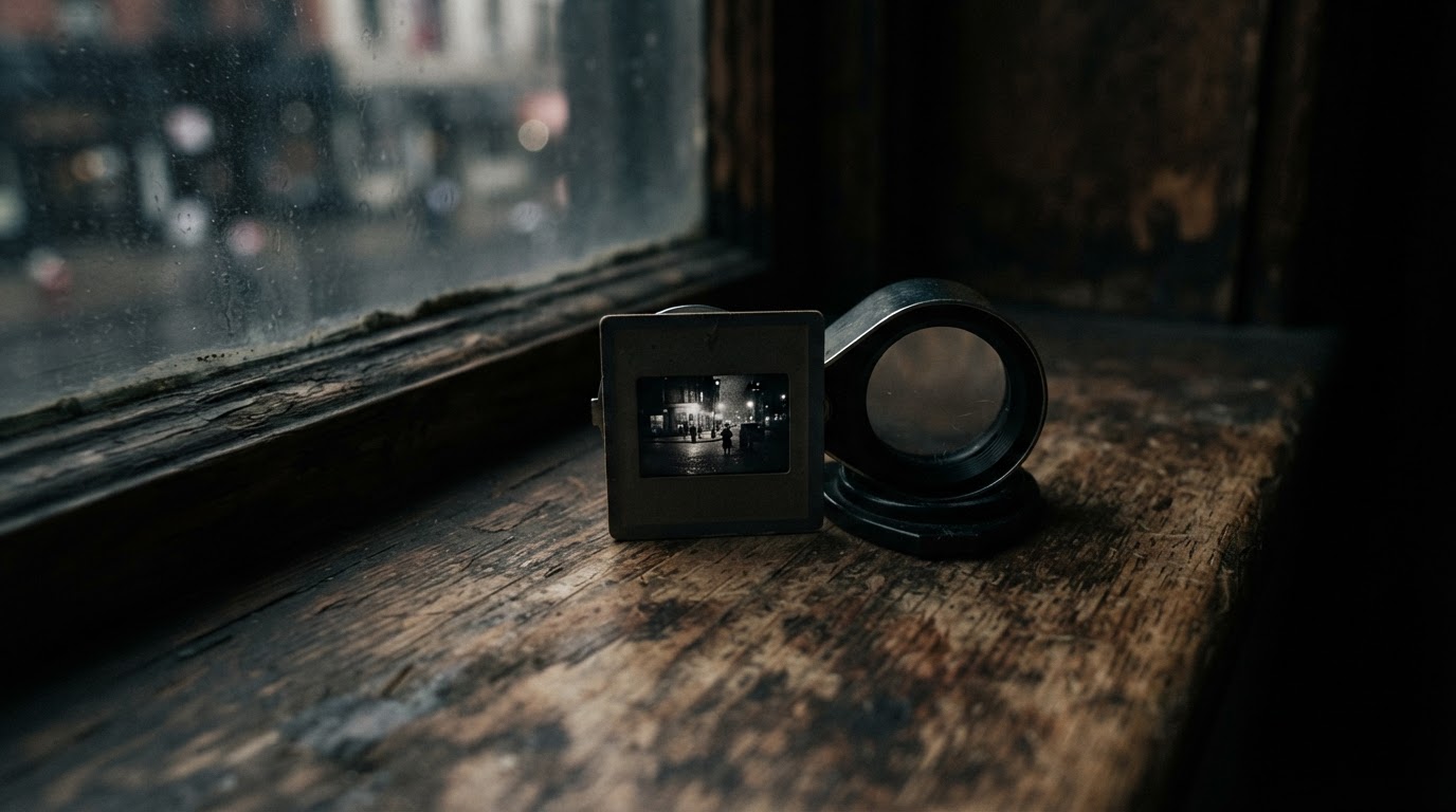 A magnifying loupe and a film slide on an old wooden windowsill, only the grain of the film blurring faintly in the light (AI-generated image)