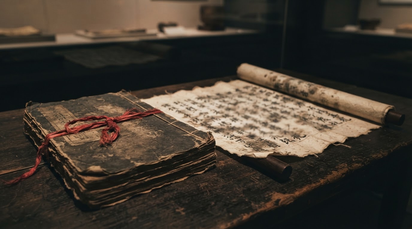 An old Joseon-era book bound with red cord and a half-unrolled scroll of hanji paper, the writing too blurred to read (AI-generated image)