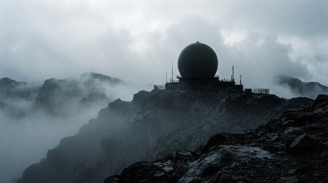 The silhouette of a radar dome rising round above a ridgeline, sunk in fog, its surroundings hazy (AI-generated image)