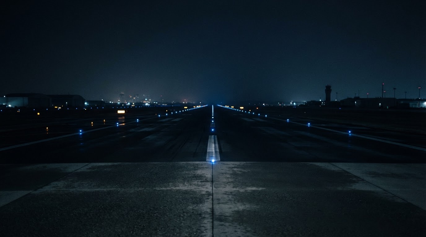 The night view of an empty runway with no fighters, only the taxiway lights glowing in rows through the dark (AI-generated image)