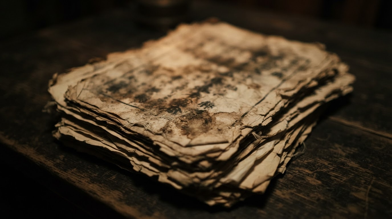 세월에 누렇게 바랜 오래된 와시 종이 문서들, 흐릿하고 판독 불가능한 상태로 어둑한 빛 속에 놓임 (AI 생성 이미지)
