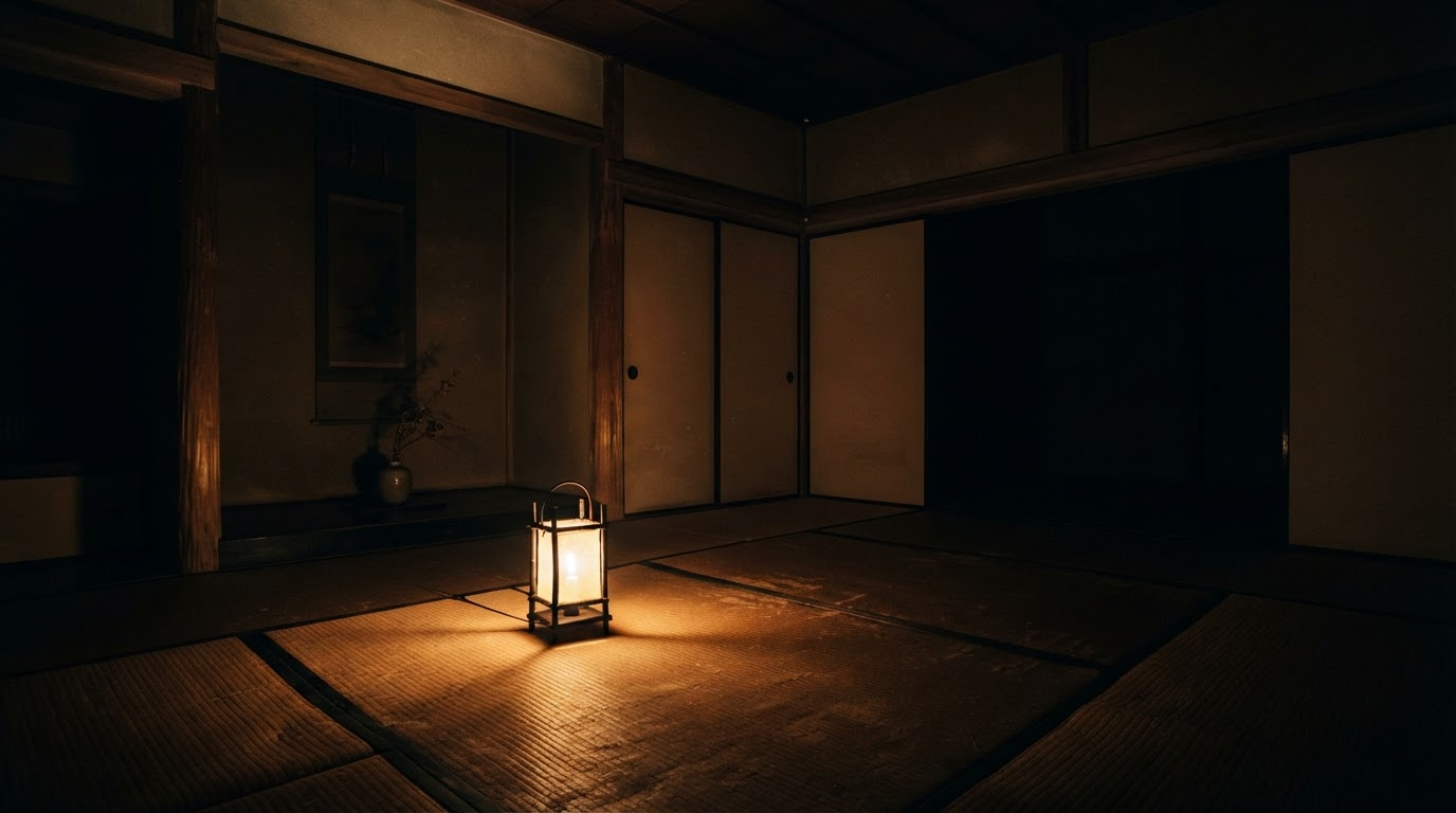 밤의 촛불 밝힌 다다미방, 부드러운 불꽃과 짙은 그림자, 사람은 없음 (AI 생성 이미지)