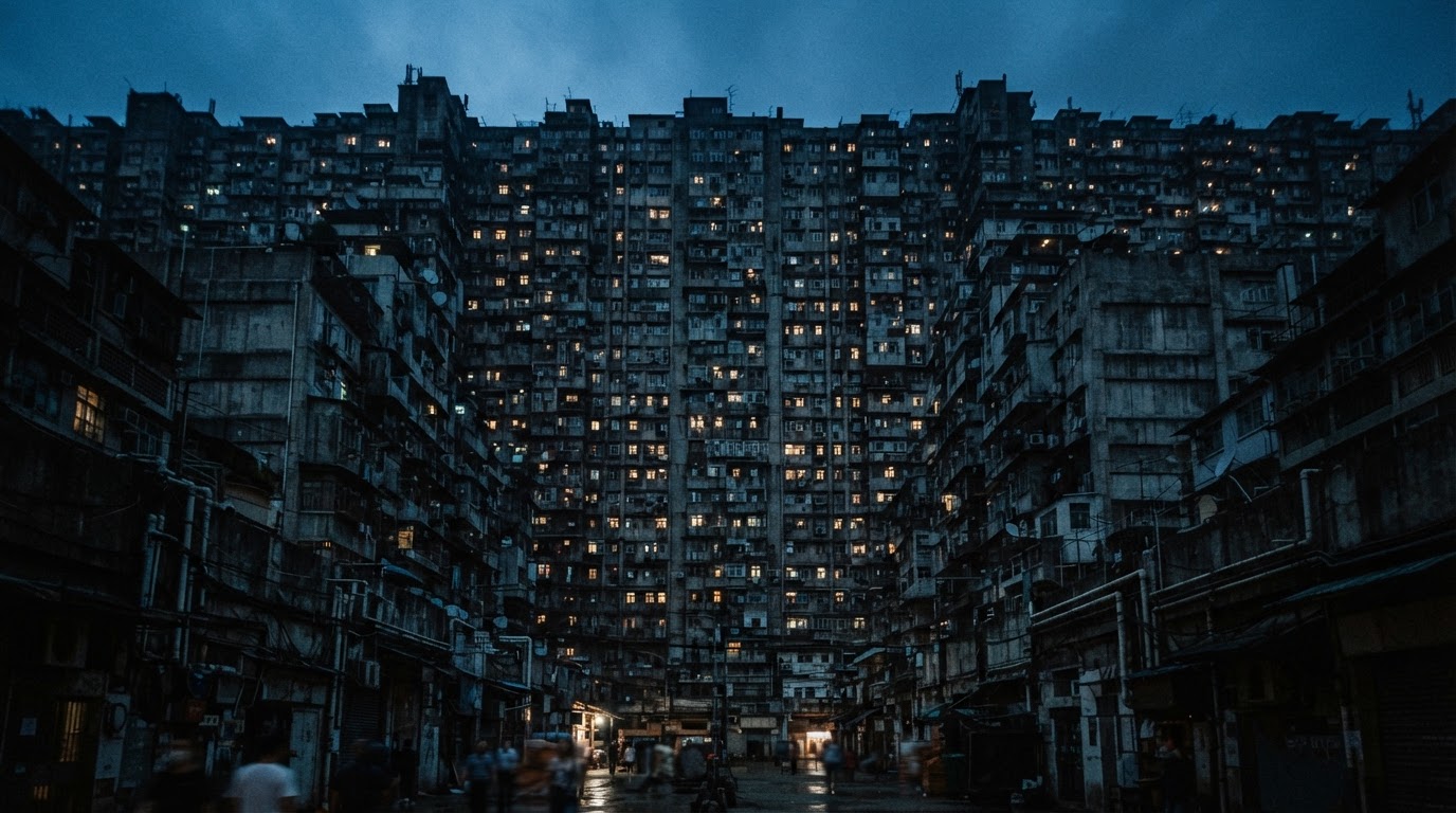 暮色中拔地而起、層層堆疊的混凝土住宅所構成的巨大單一整塊,窗戶隱隱透光,看不見半點天空縫隙,一座消失的巨型建築的重現(AI生成圖像)