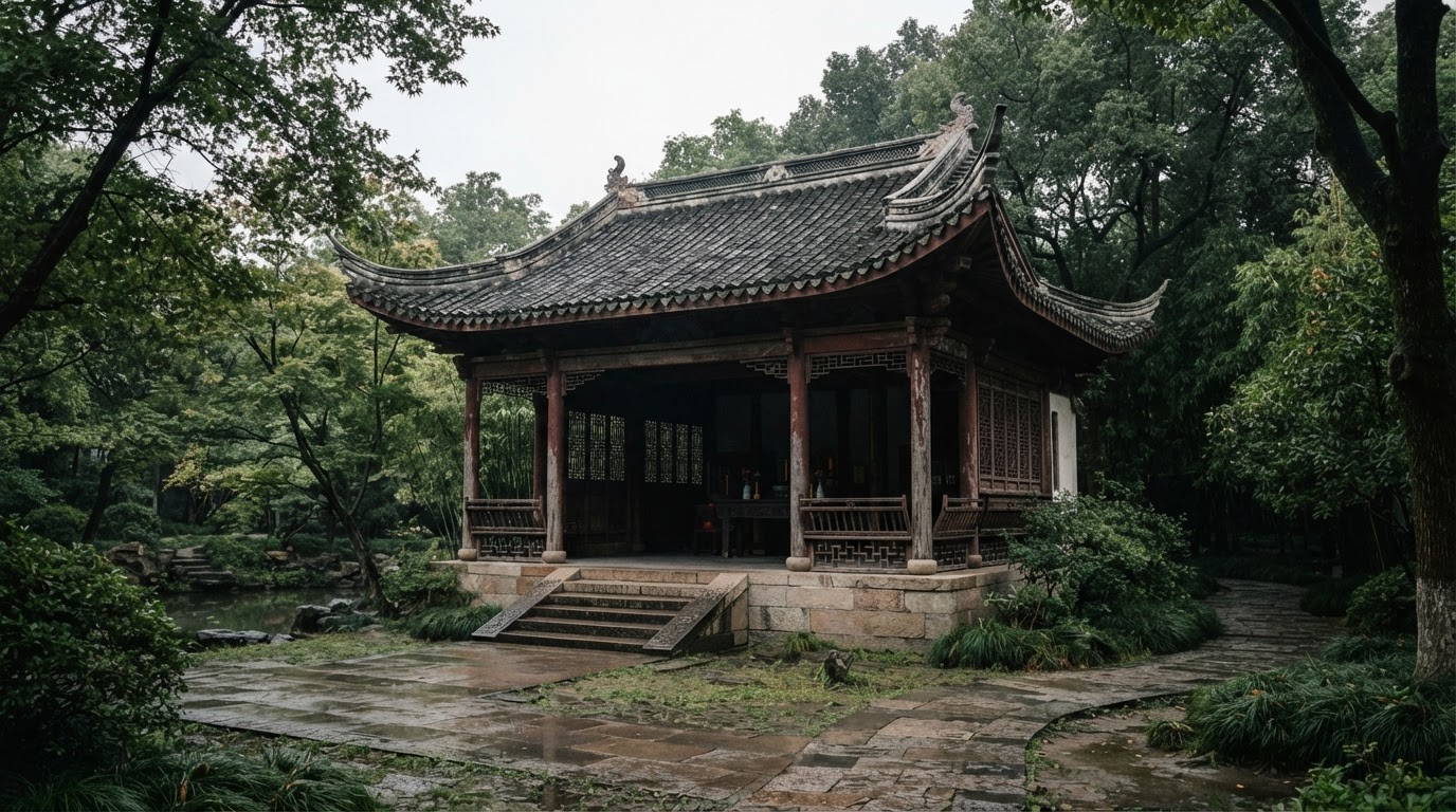 舊城寨保存下來的衙門建築,一座覆著灰瓦屋頂、清代傳統中式的樓閣,靜靜佇立在綠意盎然的公園中(AI生成圖像)