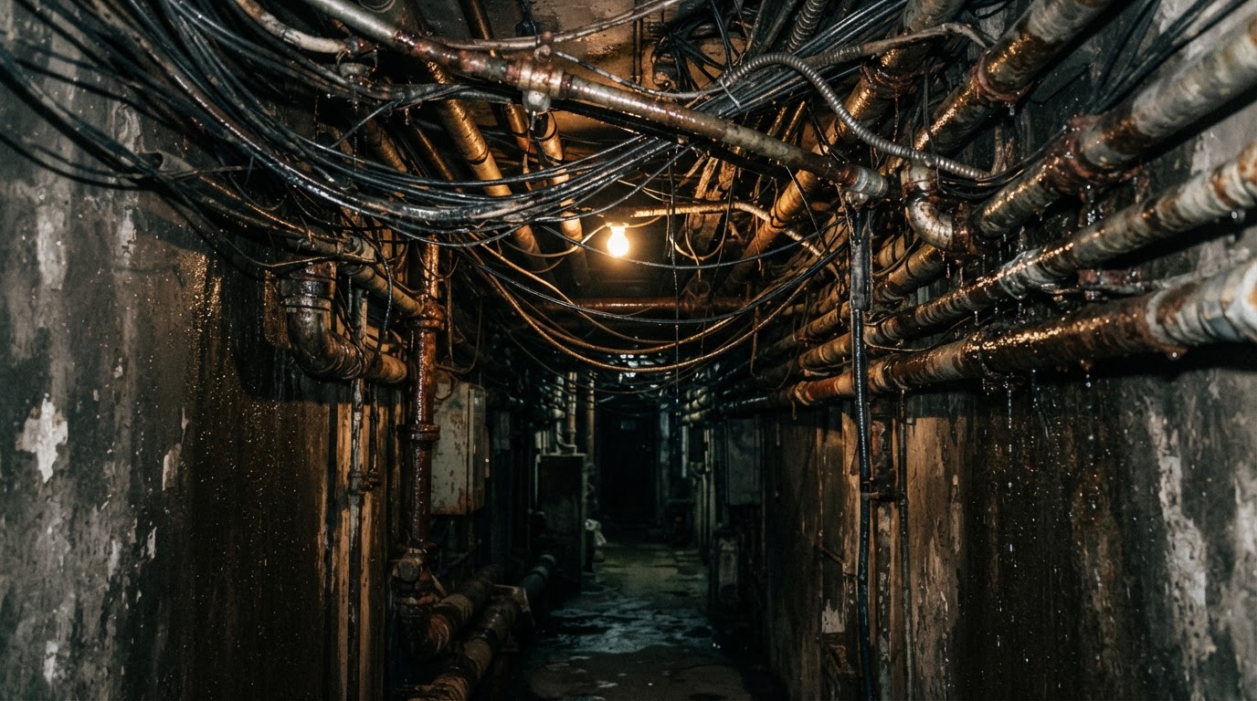 橫越幽暗走廊、從頭頂爬過的糾纏電線與水管束,密如叢林藤蔓,滴著水、鏽跡斑斑(AI生成圖像)
