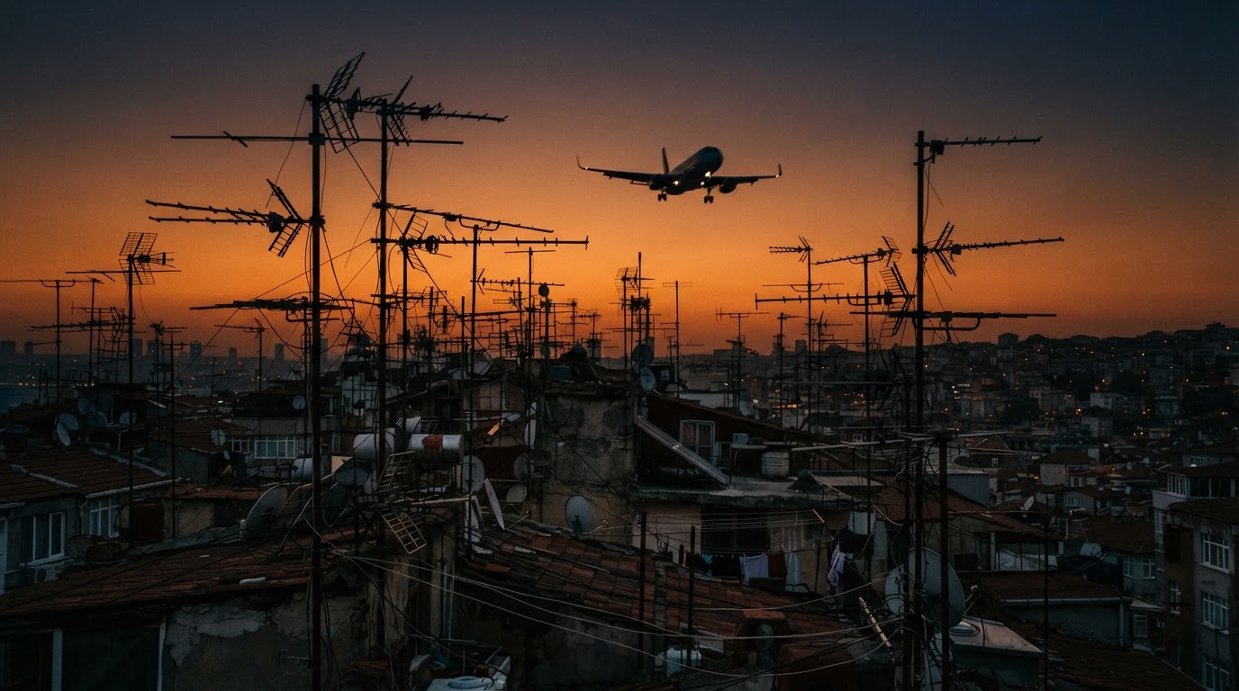 以橘紅晚霞為背景、勾勒出剪影的無數電視天線的天台森林,一架客機低低從頭頂掠過(AI生成圖像)