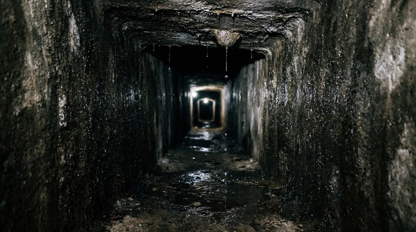幽暗窄道中不斷滴落的水,濕漉漉的混凝土牆泛著微光,遠處一點微弱的光,壓迫感十足的低矮天花板(AI生成圖像)