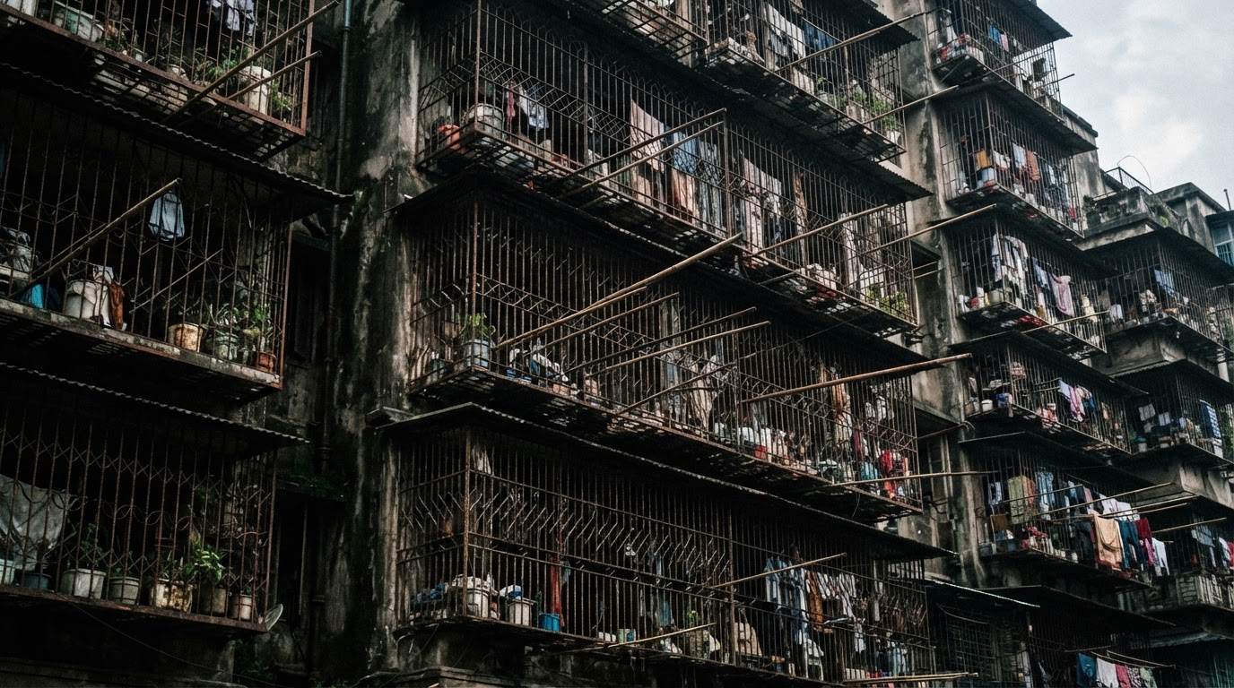如囚籠般以鐵格圍起的陽台外牆的細部,鏽蝕的金屬柵格與鐵欄一層層疊起,晾衣竿突出在外,飽經風霜(AI生成圖像)