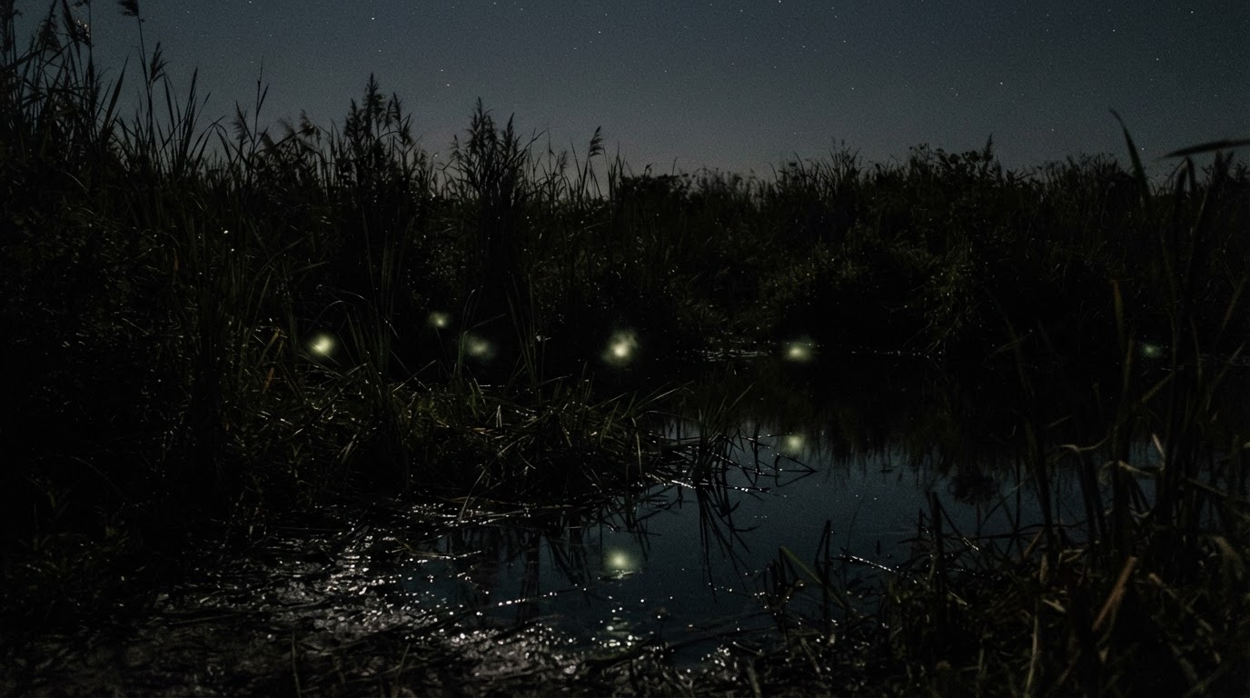 夜、水際の丈高い葦の間に低く光るかすかな沼の光、見える源のない淡いちらつき(AI生成画像)