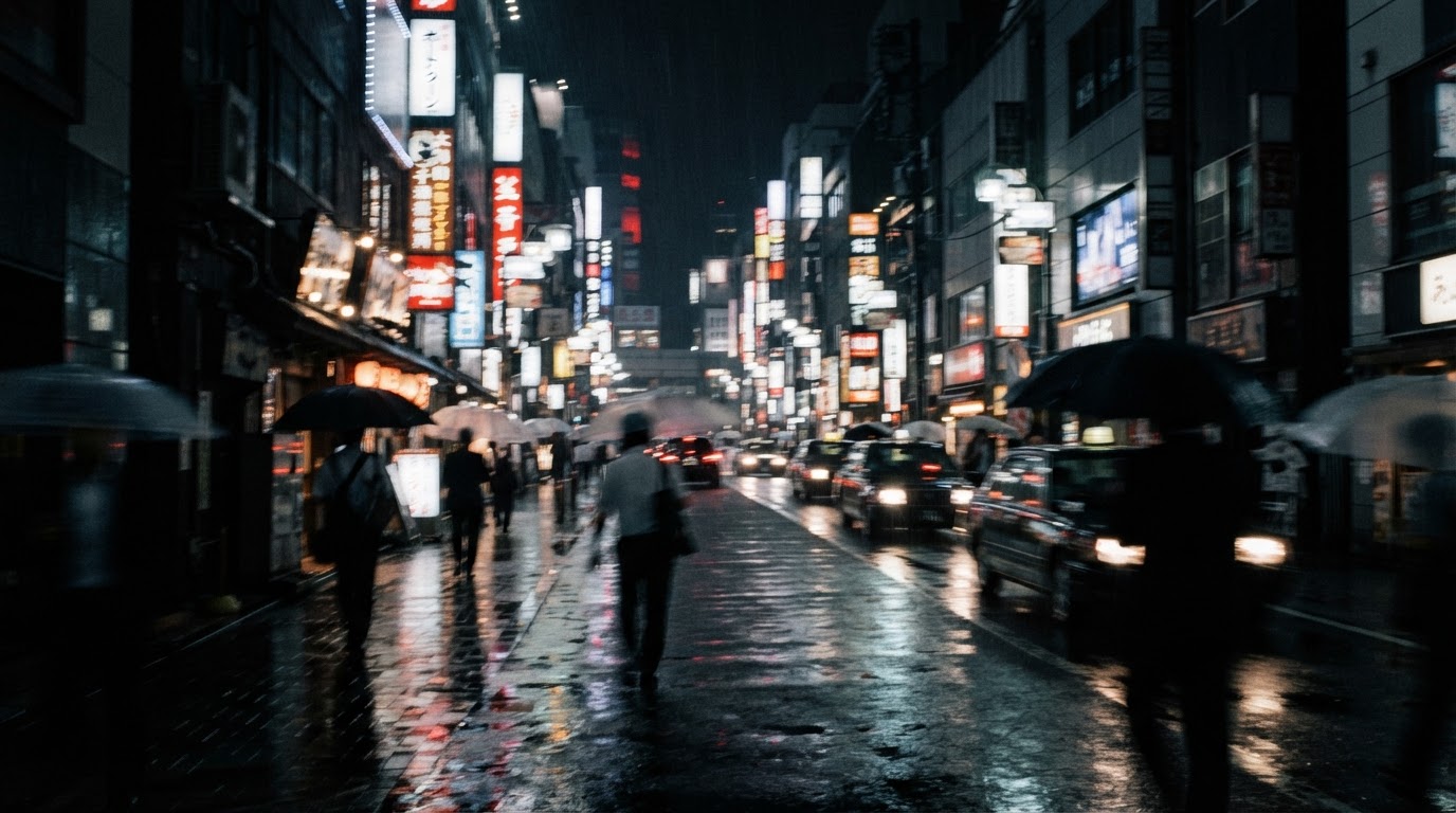 夜裡現代的東京街頭,霓虹招牌暈染成一道道彩色光痕,沒有可辨認的文字(AI生成圖像)