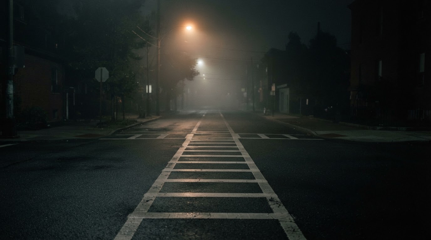 夜霧籠罩的斑馬線,白色的漆線消融進霧裡,沒有人,也沒有可辨認的標誌(AI生成圖像)