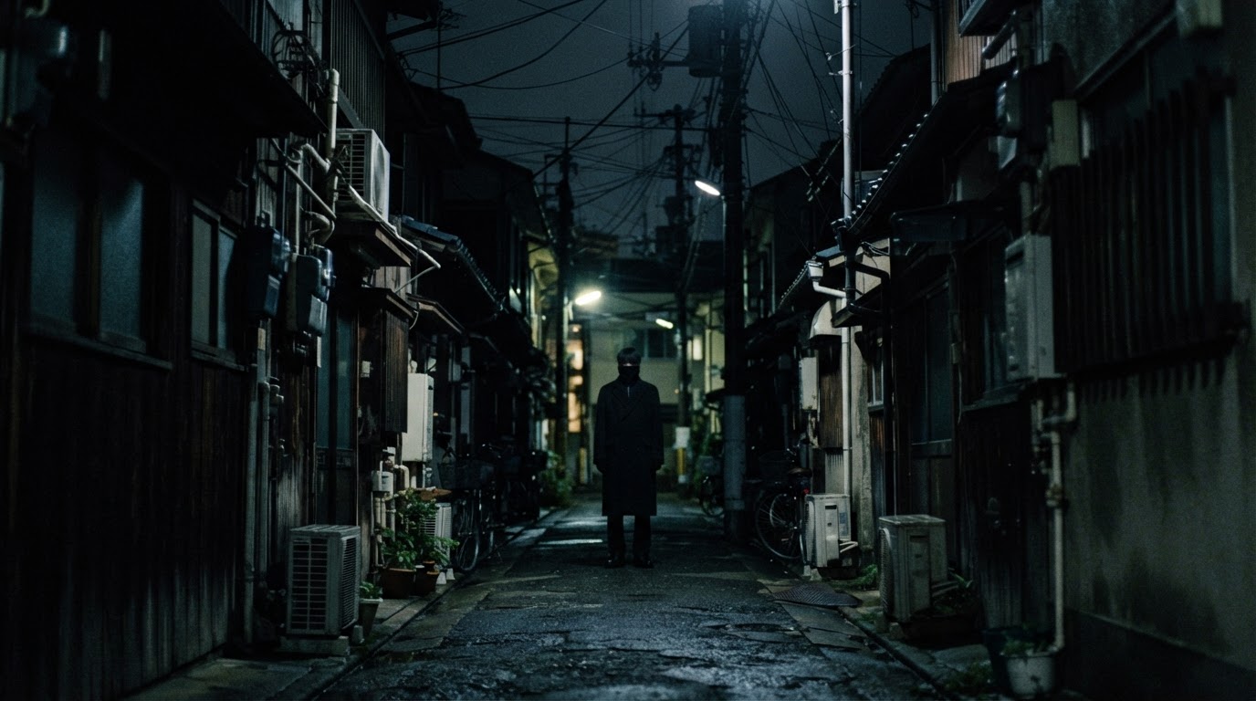 夜裡,狹窄巷子的盡頭站著一個披著長大衣的高個子身影,遠望認不出模樣(AI生成圖像)