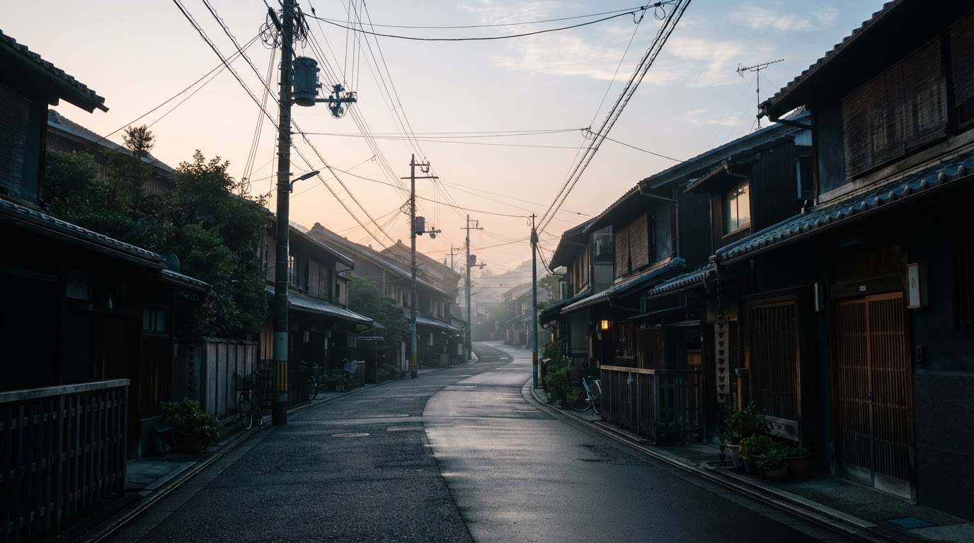 黎明時分無人的住宅區街道,薄霧漸散,天色一點點亮起來,沒有人(AI生成圖像)