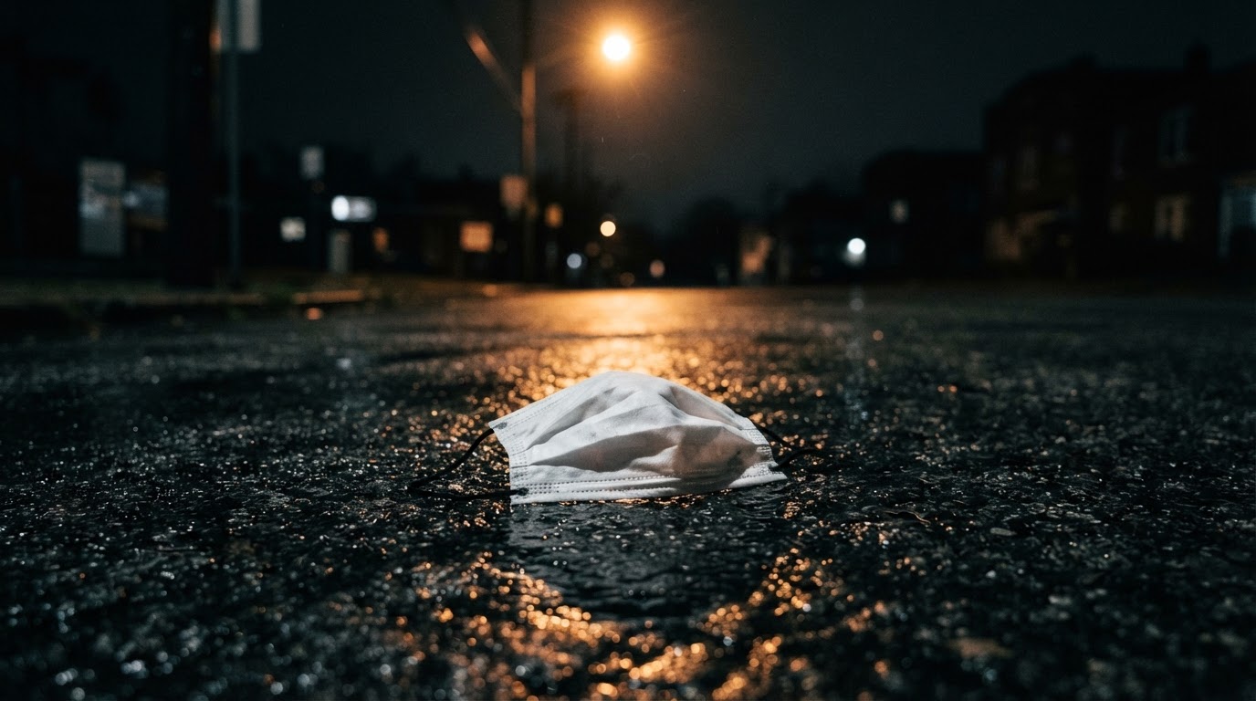 夜裡,路燈下濕漉漉的柏油路上,孤零零掉著一只白色口罩(AI生成圖像)