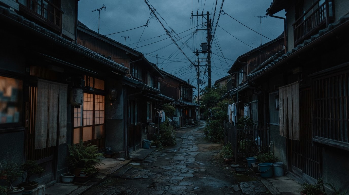 1970年代末日本小城昏暗的住宅區巷子,低矮的房屋與電線,沒有人(AI生成圖像)