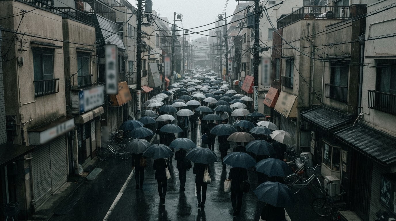 傾盆大雨中撐起的一片黑傘,臉都藏在傘下,從高處俯瞰的灰色街道(AI生成圖像)