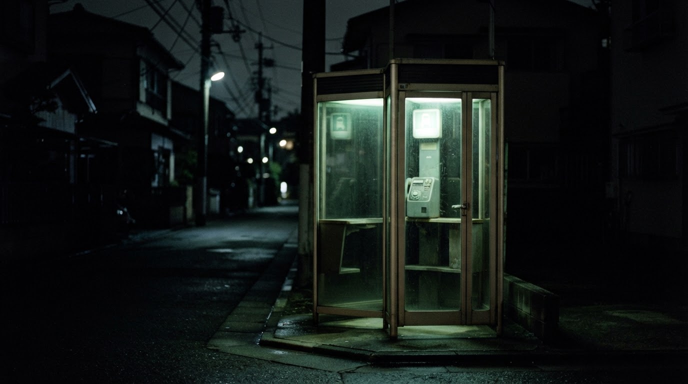 無人的街角,夜裡微微發光的復古日式公用電話亭(AI生成圖像)