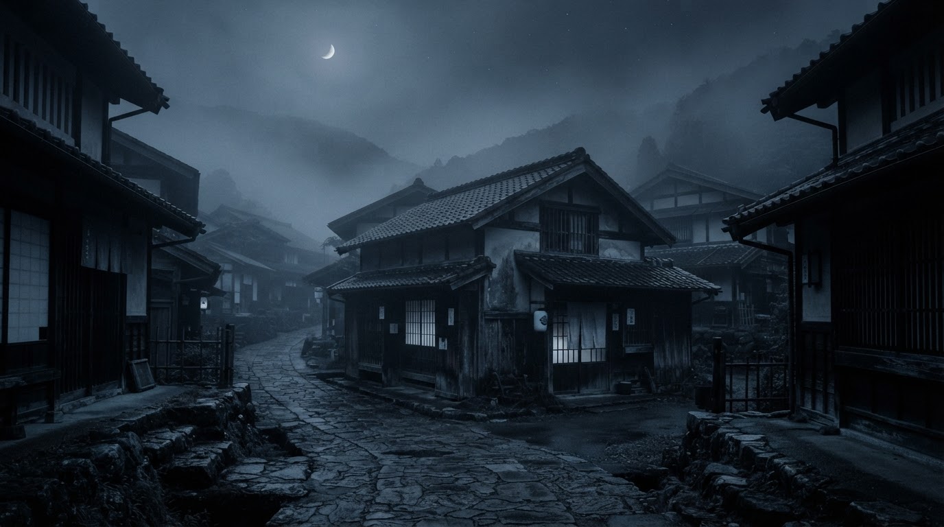 古老日本霧氣瀰漫的村莊夜景,淡淡月光下低矮的木造房屋,水墨版畫般的氛圍,沒有人(AI生成圖像)