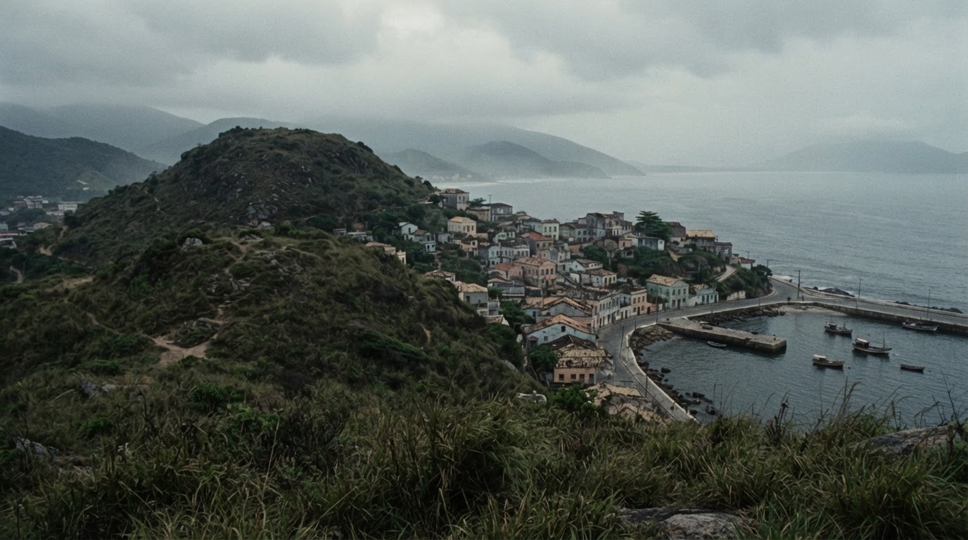霧氣籠罩的巴西尼特羅伊維丁山遠景,1960年代氛圍(AI生成圖像)