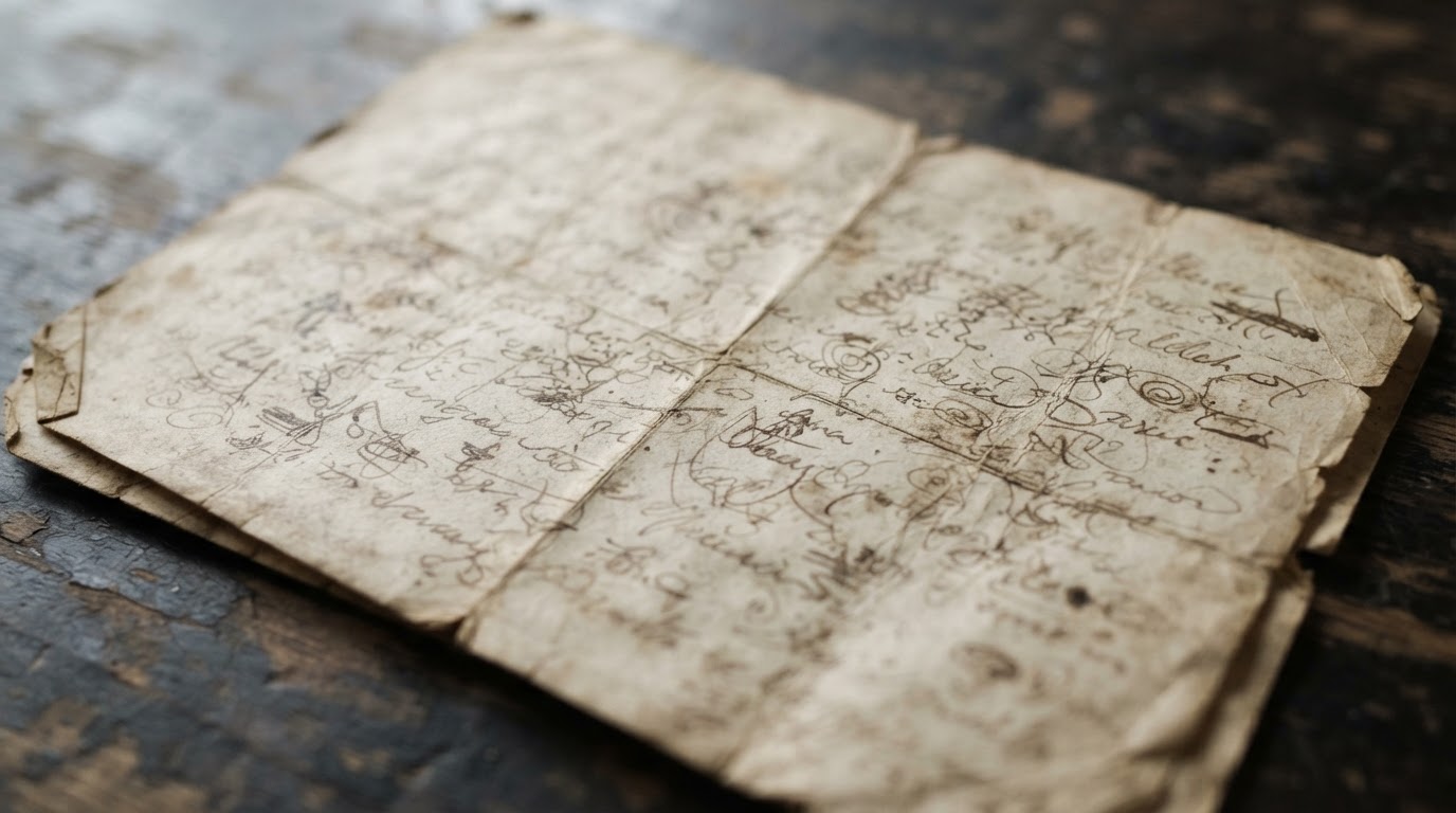 舊紙上寫著無法辨識的手寫字條,無可辨識文字,寫實風格(AI生成圖像)