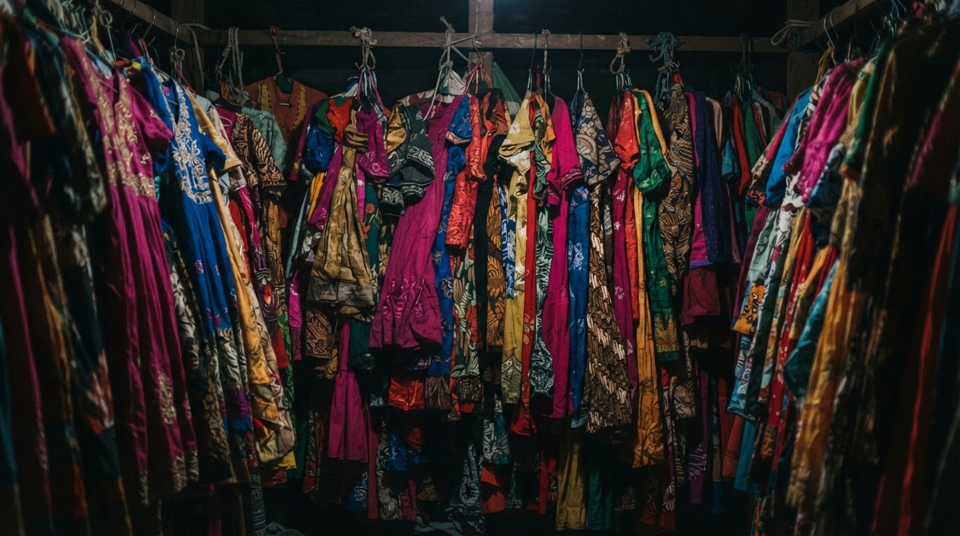 공물로 밝은 줄지어 걸린 색색의 드레스, 접힌 천의 주름이 화면을 가득 채운다 (AI 생성 이미지)