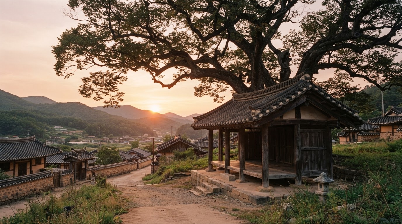 村の入り口の古い東屋の木の上に染まる夕焼け、がらんとした縁台、暮れゆく田舎の光(AI生成画像)