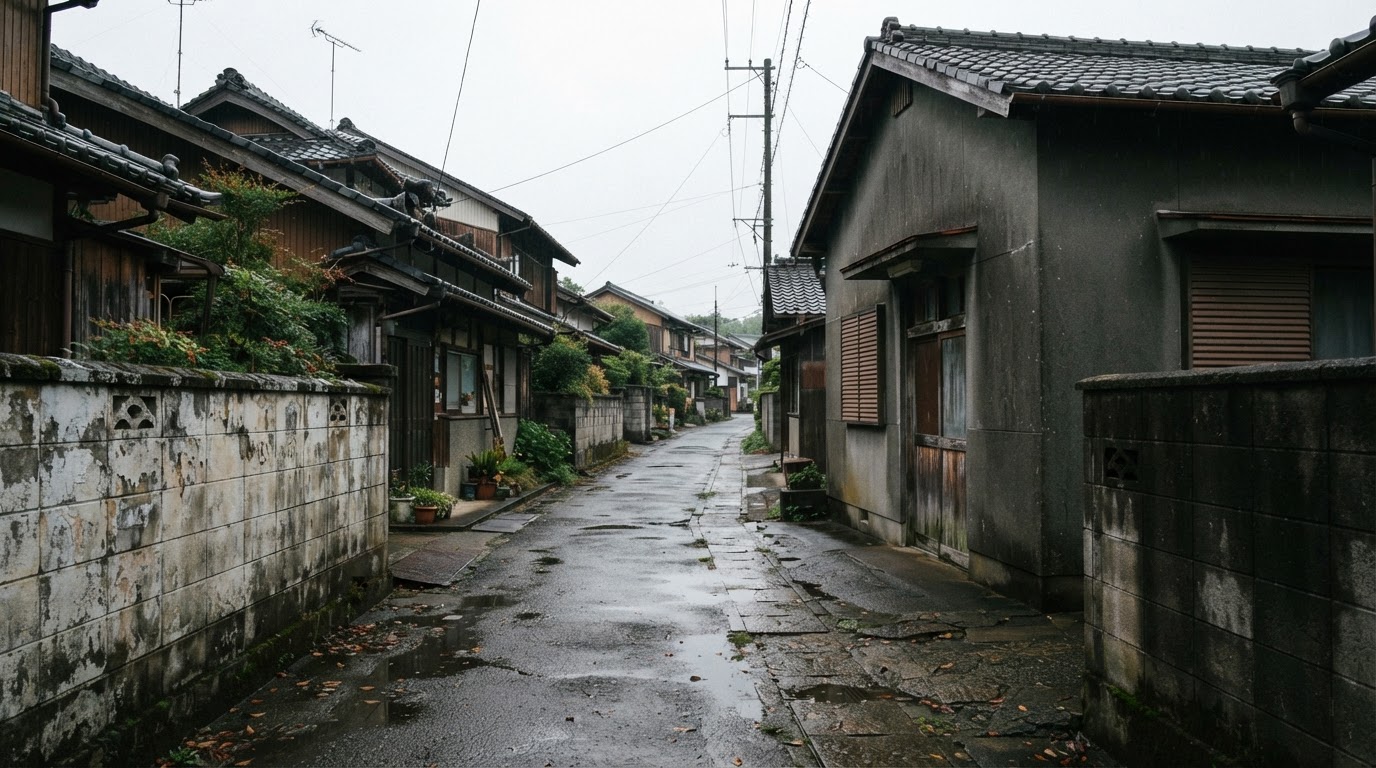 村の集会所の前の路地の早朝、低い塀と古い家並み、人けのない静かな風景(AI生成画像)