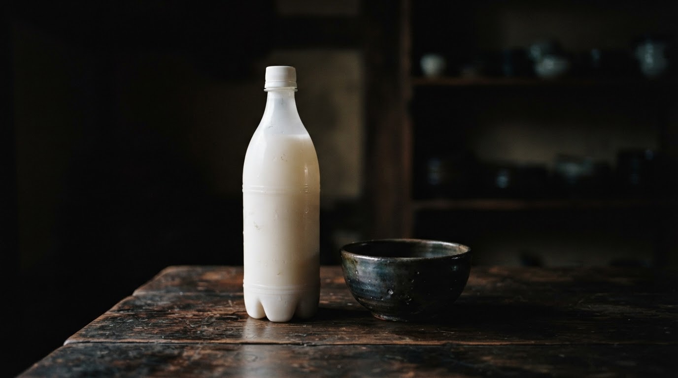 ラベルのない白いプラスチックのマッコリの瓶が一本と器、暗い背景の上に置かれた静物、象徴的で静かな雰囲気(AI生成画像)